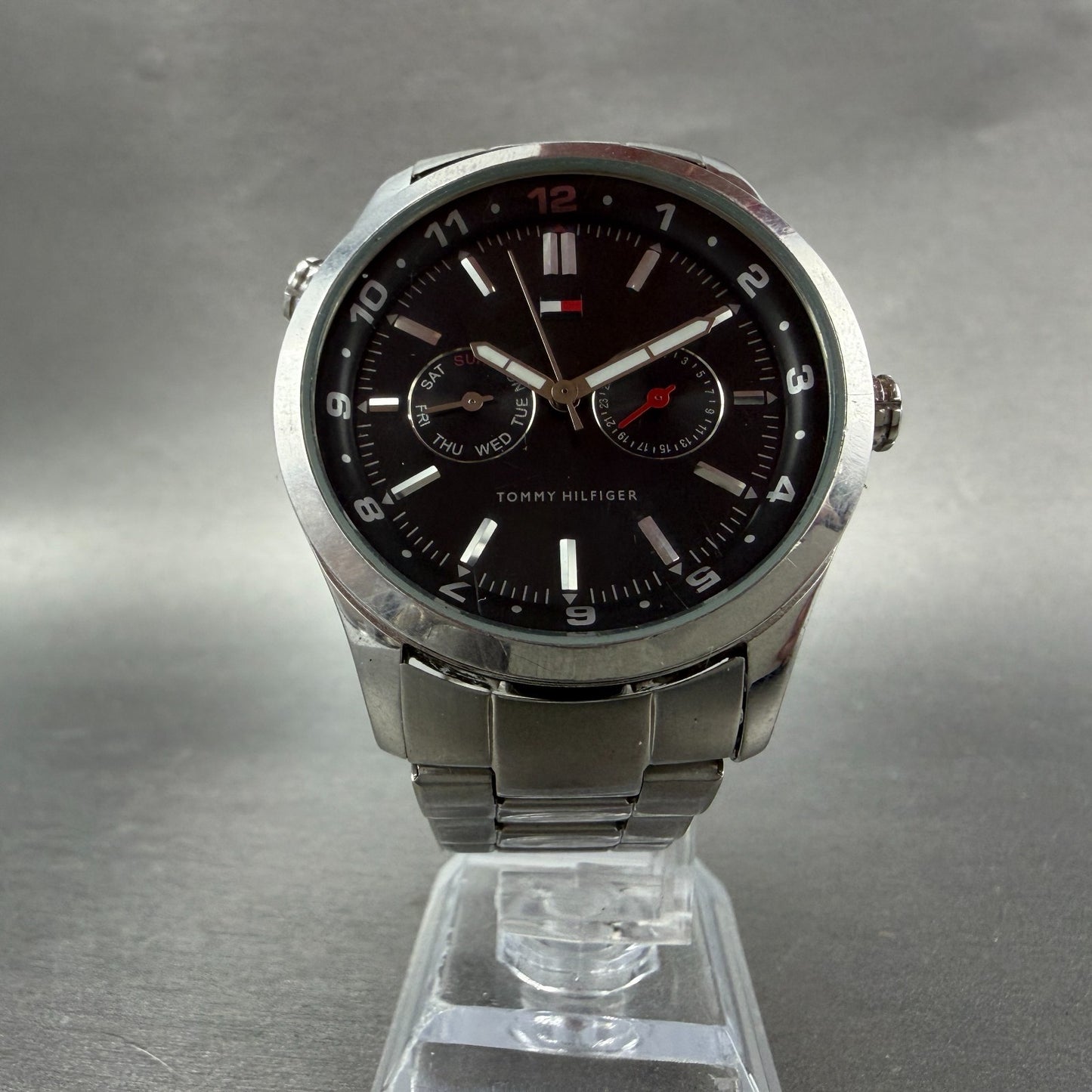 Tommy Hilfiger Watch Men 41mm Black Dial Steel Daydate Round T10161 New battery5