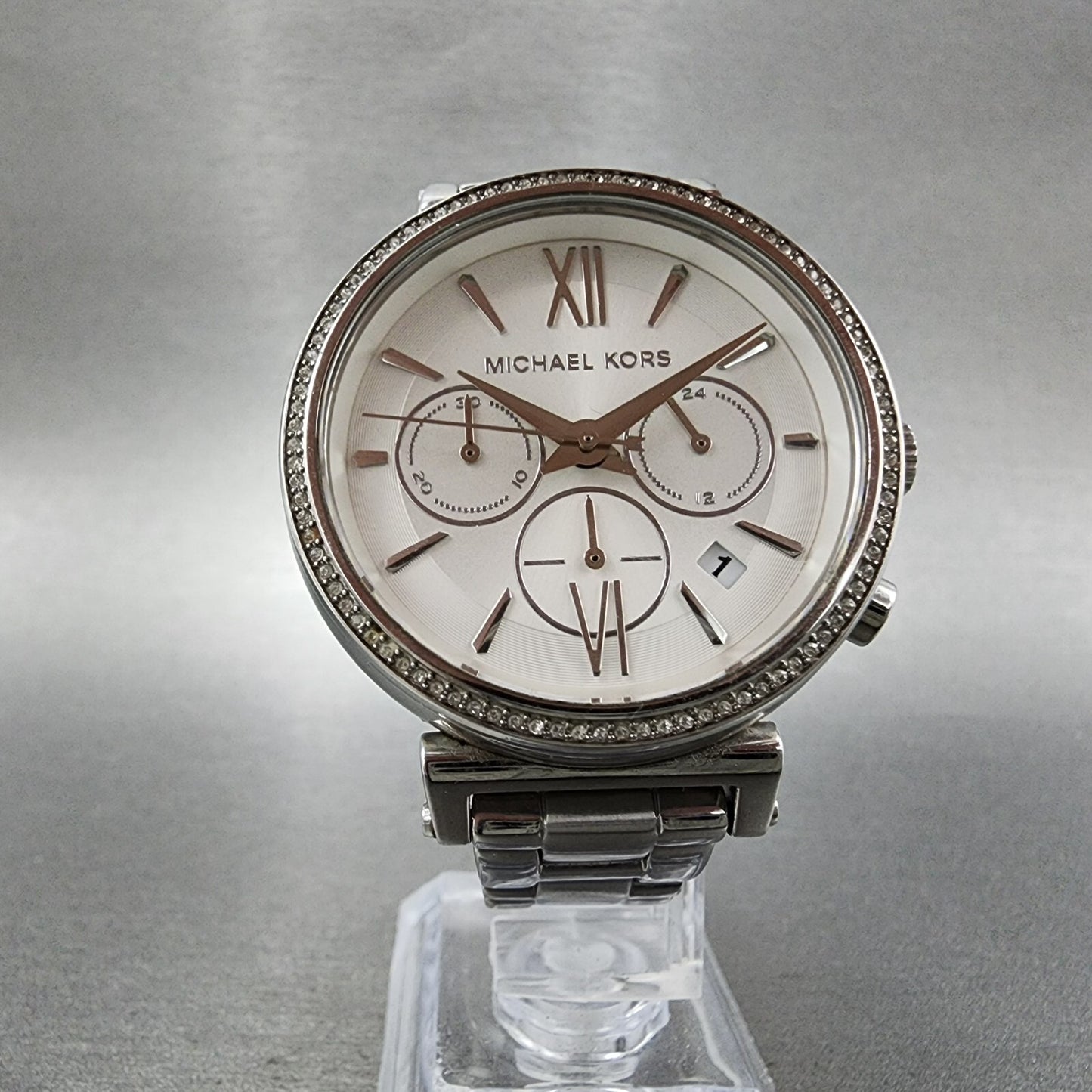 Michael Kors Sofie Watch Women 38mm White Dial Steel Date Chronograph New Batt