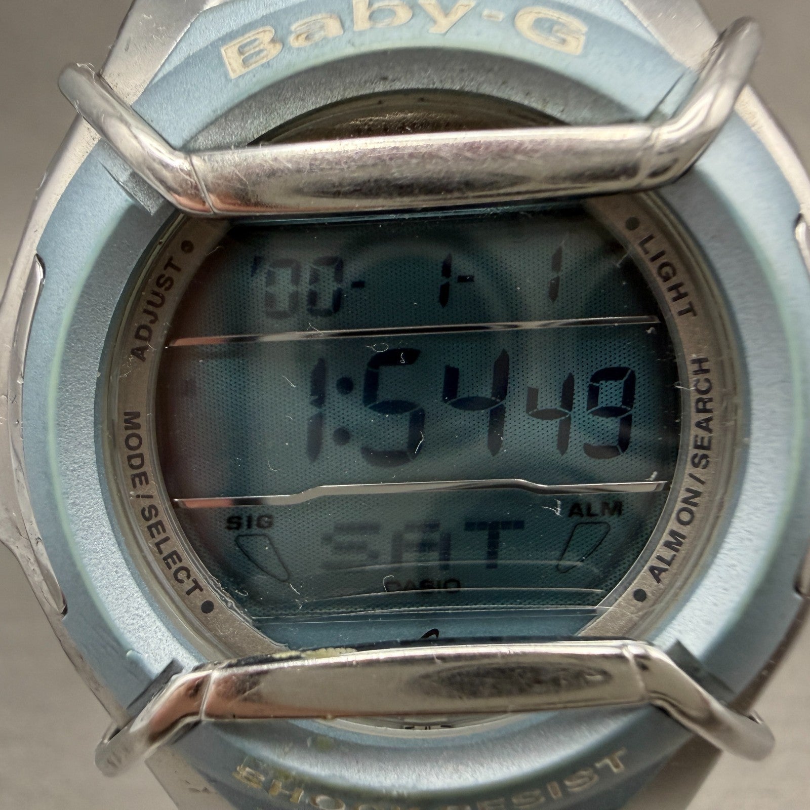 Casio Baby-G MSG-132 Watch Women 42mm Digital Blue Silver Alarm Chrono New batt1