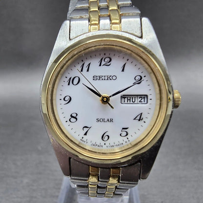 Seiko Solar Watch Women 26mm White Dial Two Tone Daydate Round V138-0AA0 Runs JT0