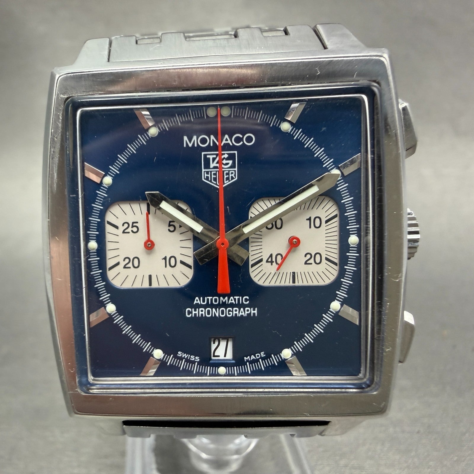 Tag Heuer Monaco Watch Men 38mm Blue Dial Steel Date Chrono Automatic Serviced0
