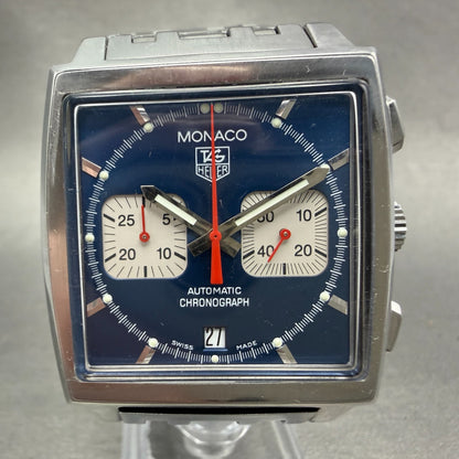 Tag Heuer Monaco Watch Men 38mm Blue Dial Steel Date Chrono Automatic Serviced0