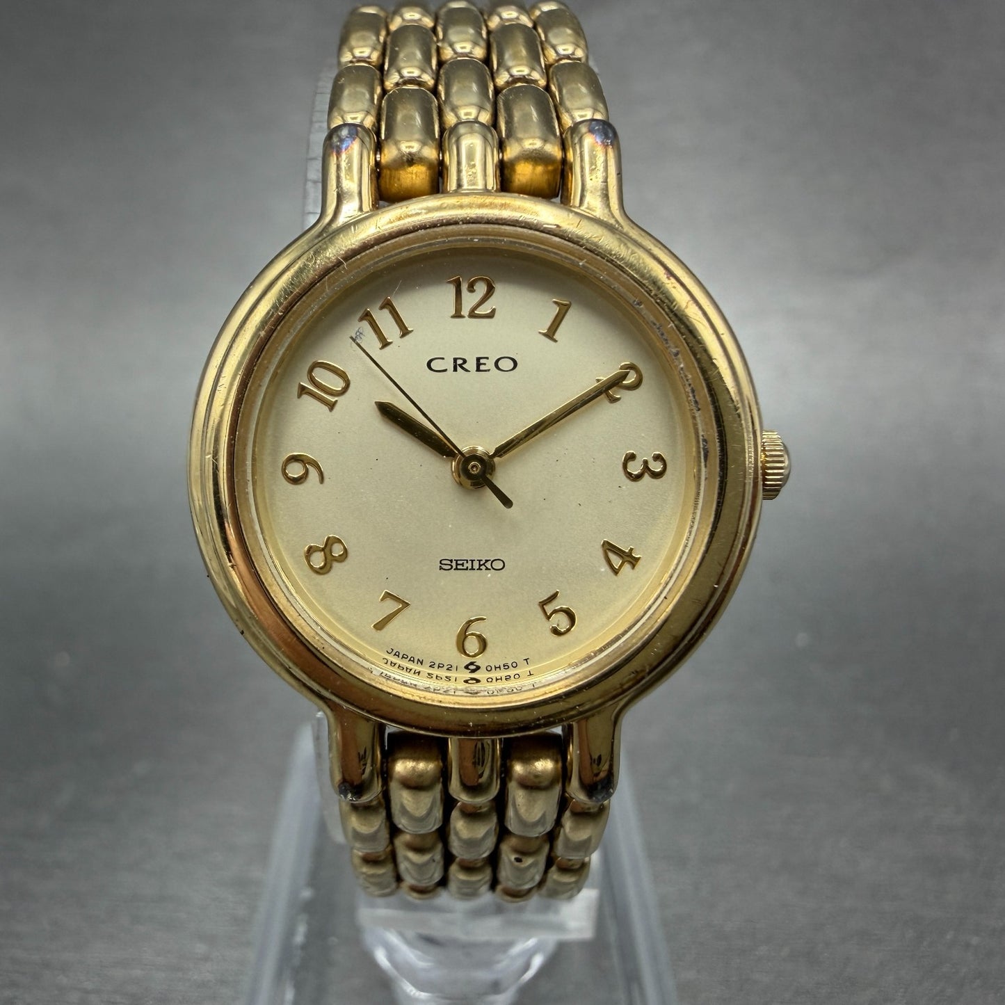 Seiko Creo Watch Women 24mm Champagne Dial Gold Tone Round 2P21-0C00 New Battery0