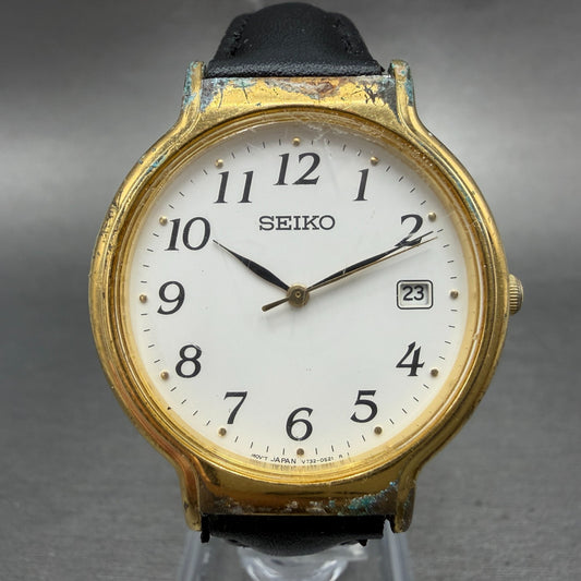 Seiko Watch Men 33mm White Dial Gold Tone Date Round V732-0220 New Battery0
