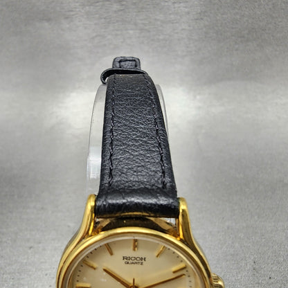 Ricoh Watch Women 25mm Champagne Gold Tone Round Leather Band New Battery5