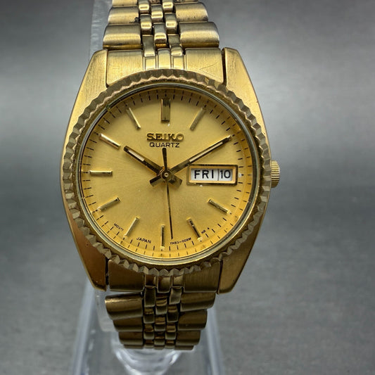 Seiko Watch Women 25mm Gold Dial Gold Tone Daydate Round 7N83-0041 New Battery S0