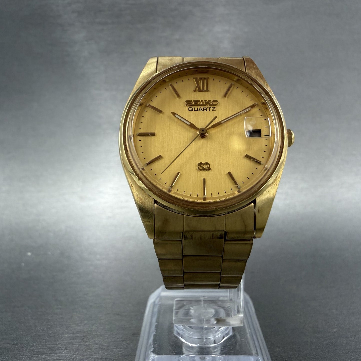 Seiko SQ Watch Men 33mm Champagne Dial Gold Tone Date 5y226009 New Battery5