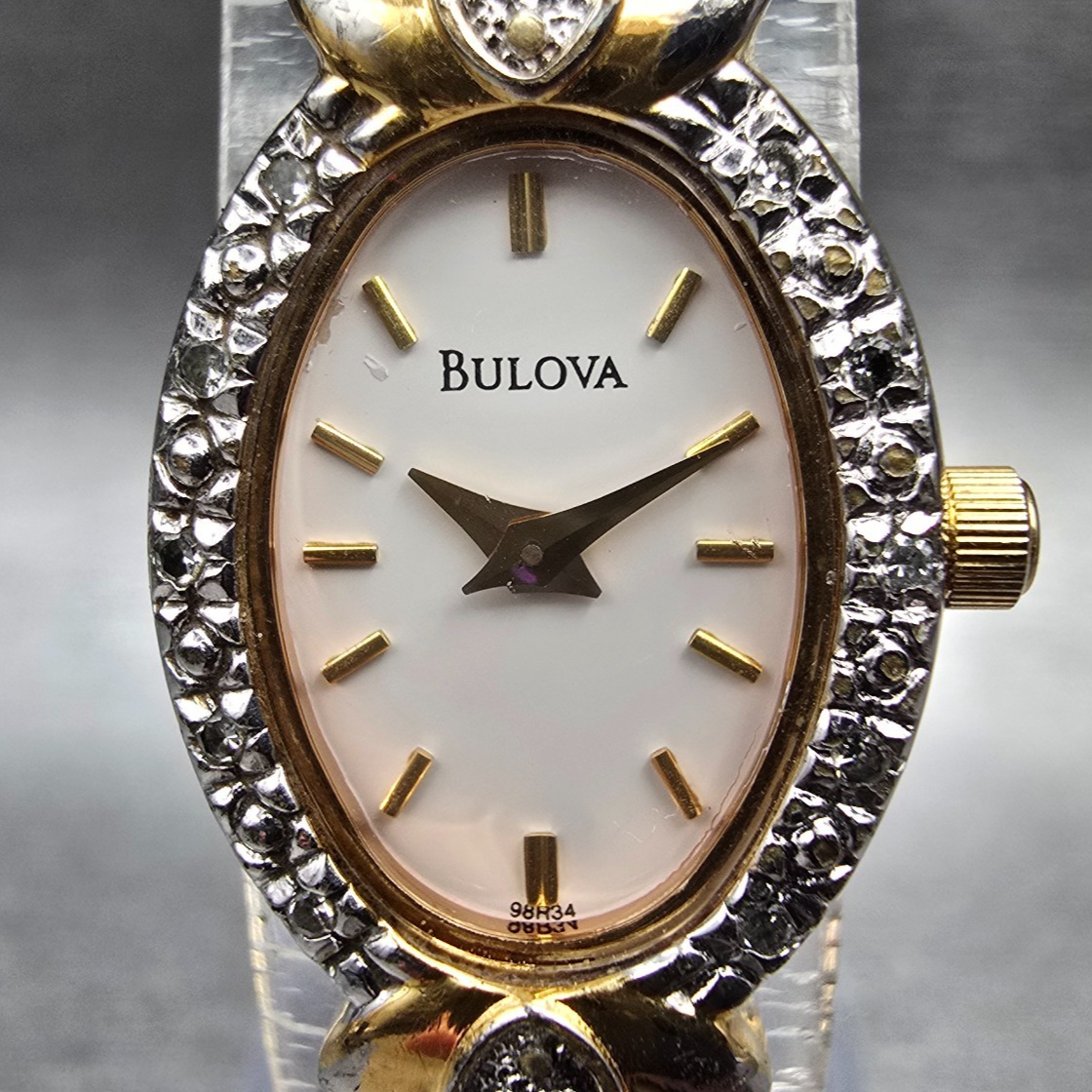 Bulova Watch Women 16mm White Dial Two Tone Gemmed Oval 98R34 New Battery1