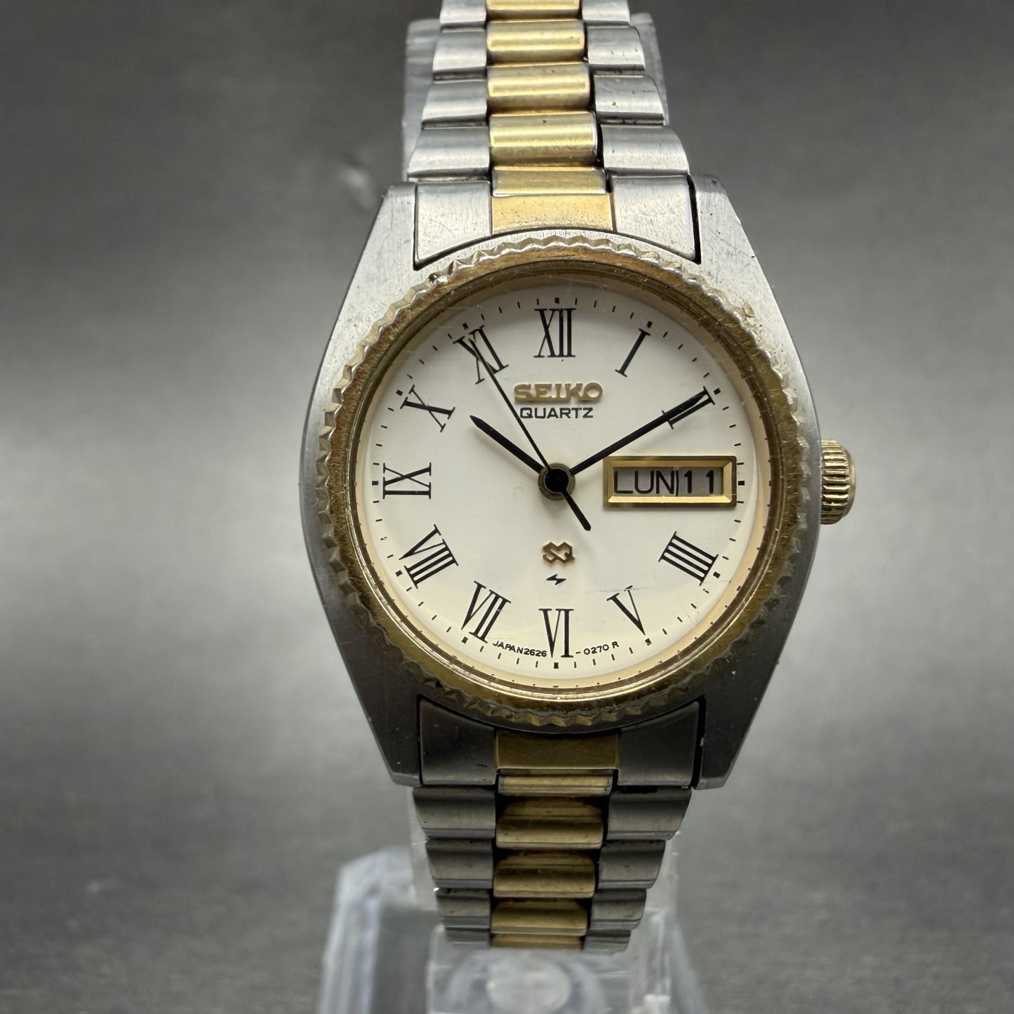 Seiko SQ Watch Women 25mm White Dial Two Tone Daydate 2626-0159 READ New Battery0