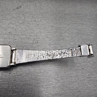 Seiko Watch Women 17mm Blue Dial Silver Tone Gemmed Rectangle 21-3141 Works VTG12
