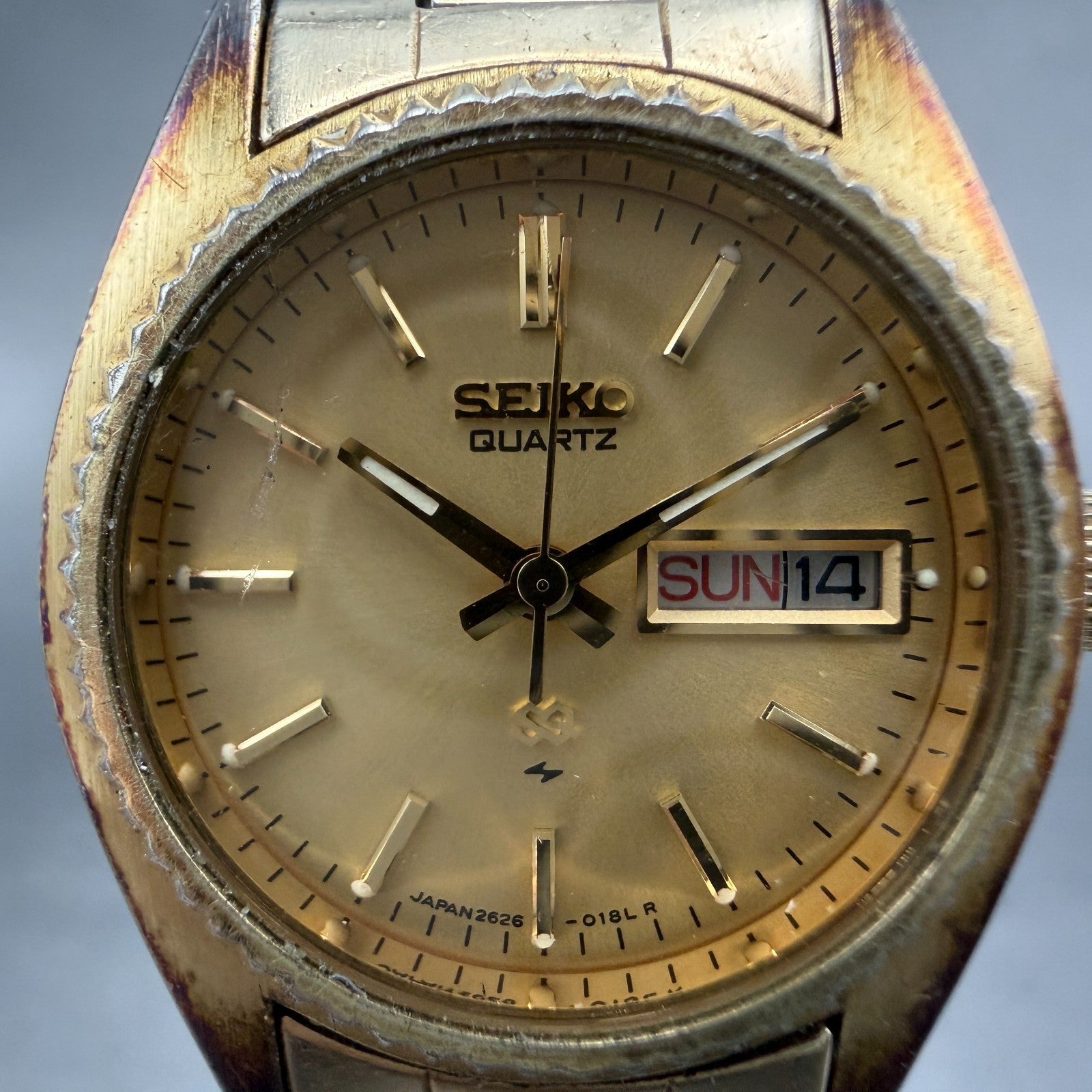 Seiko SQ Watch Women 25mm Champagne Dial Gold Tone Daydate 2626-0159 New Batt JH1