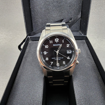 Reguno Watch Men 37mm Black Dial Silver Tone Date Solar H415T017274 Works0