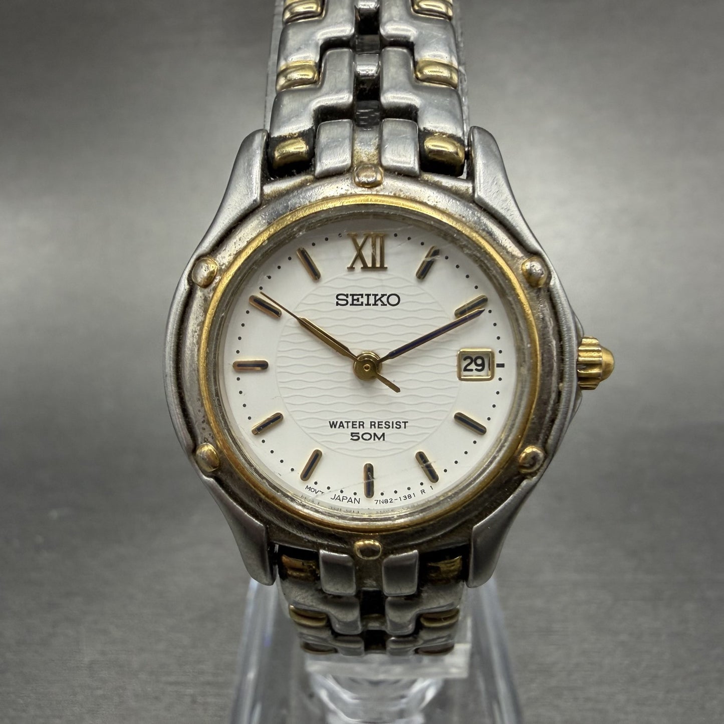 Seiko Watch Women 26mm White Dial Two Tone Date Round 7n82-0599 New Battery 9GDW0