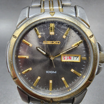Seiko Watch Men 39mm Black Dial Two Tone Round Daydate 7n430az0 New Batttery1