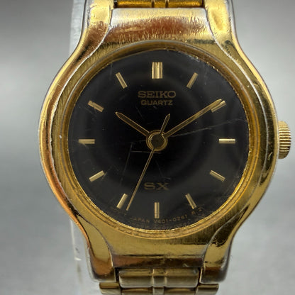 Seiko SX Watch Women 19mm Black Dial Gold Tone Round V401-0091 New Battery HJ61