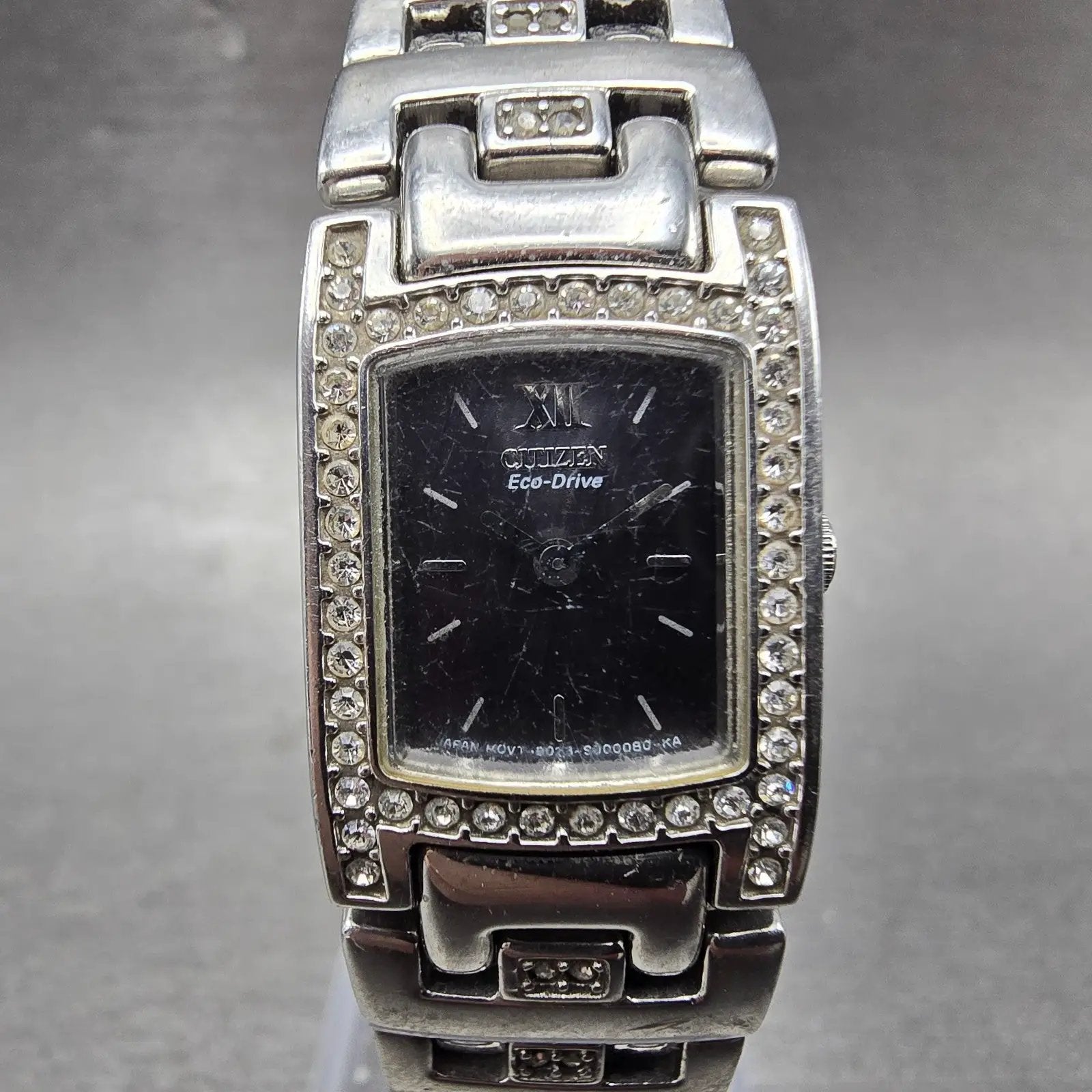 Citizen Eco-Drive Tank Watch Women 17mm Black Dial Silver Tone B023-S000068 Runs0