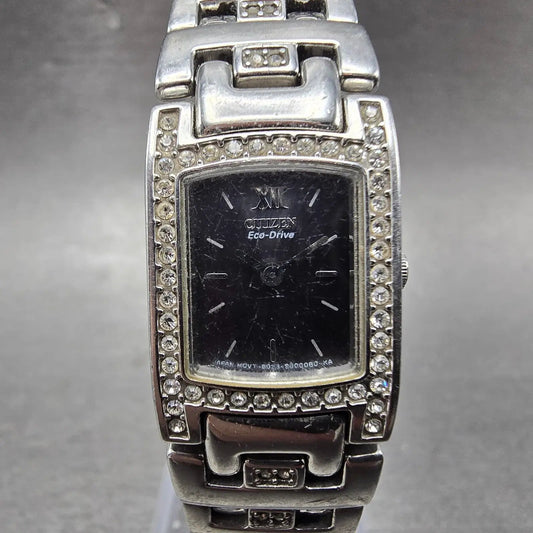 Citizen Eco-Drive Tank Watch Women 17mm Black Dial Silver Tone B023-S000068 Runs0