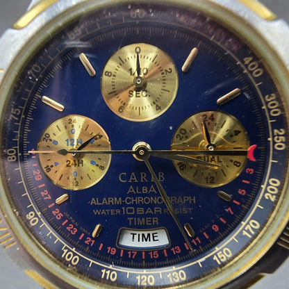 Seiko ALBA Carib Watch Men 37mm Blue Dial Two Tone Alarm Chrono N944-6A40 NewBat1