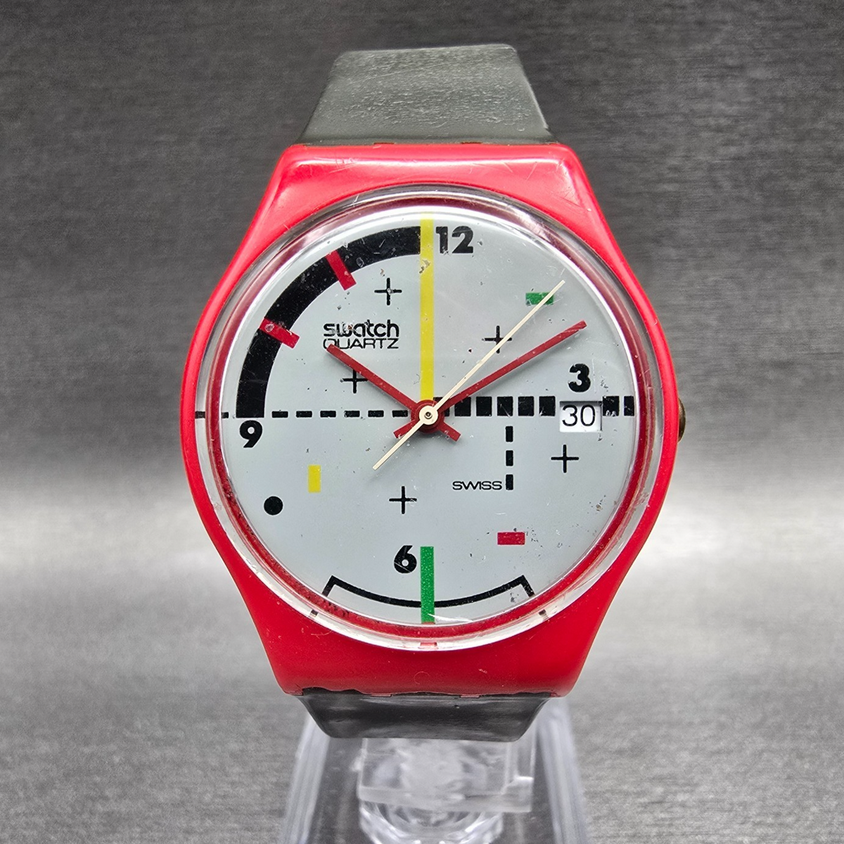 Swatch Compu-Tech Watch Men 34mm Gray Dial Red Case Date GR401 New Battery0