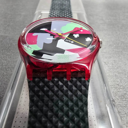 Swatch Hot Rap Watch Men 34mm Black Dial Red Case GR113 New Battery NOS4