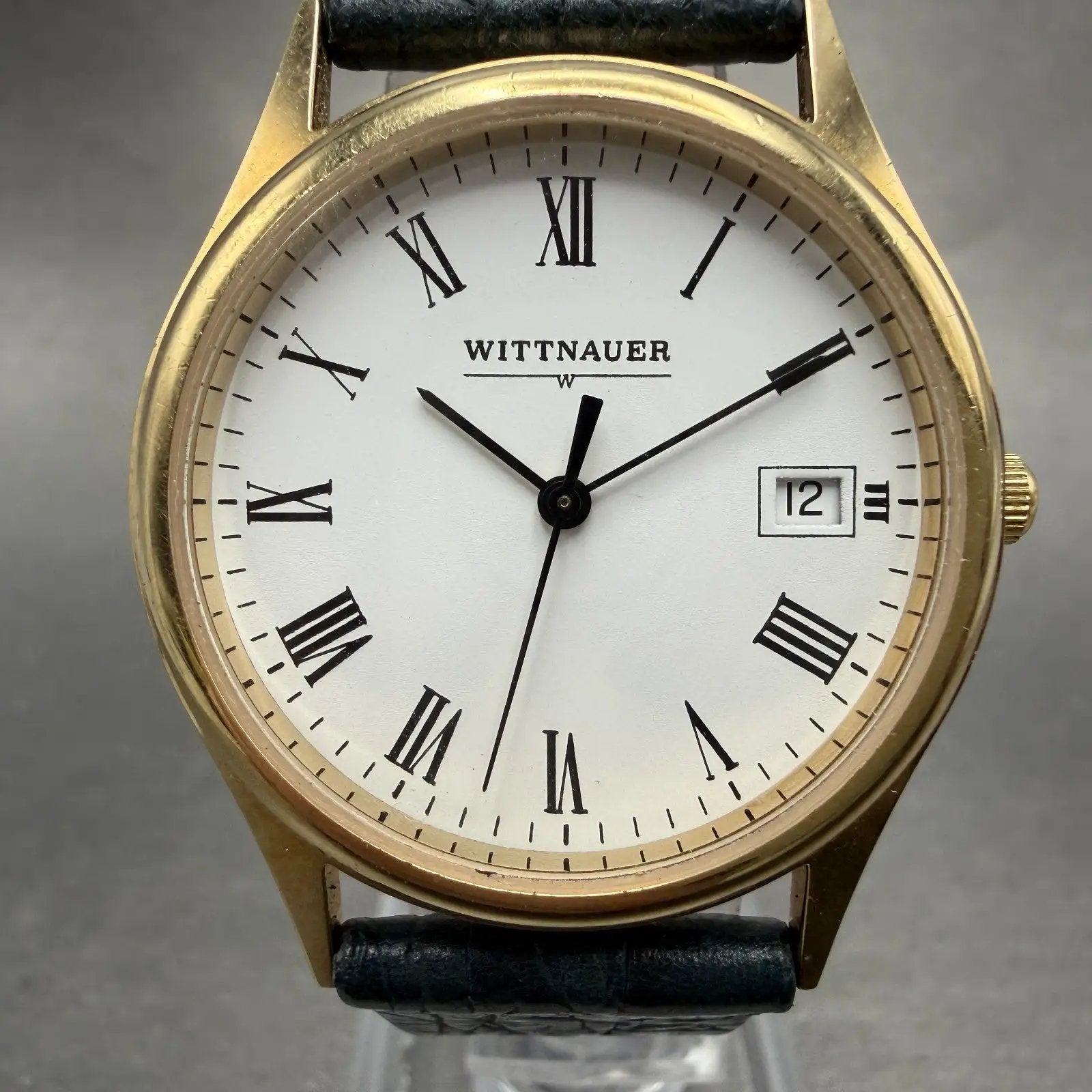 Wittnauer Watch Men 33mm White Dial Gold Tone Round Date Roman Numerals New Batt0