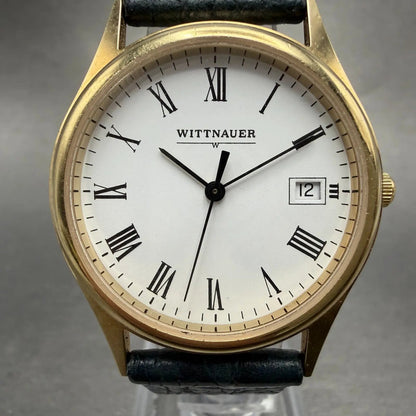 Wittnauer Watch Men 33mm White Dial Gold Tone Round Date Roman Numerals New Batt0