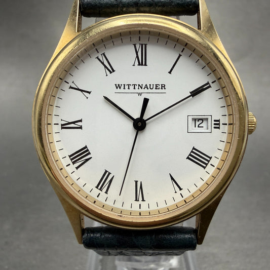 Wittnauer Watch Men 33mm White Dial Gold Tone Round Date Roman Numerals New Batt0