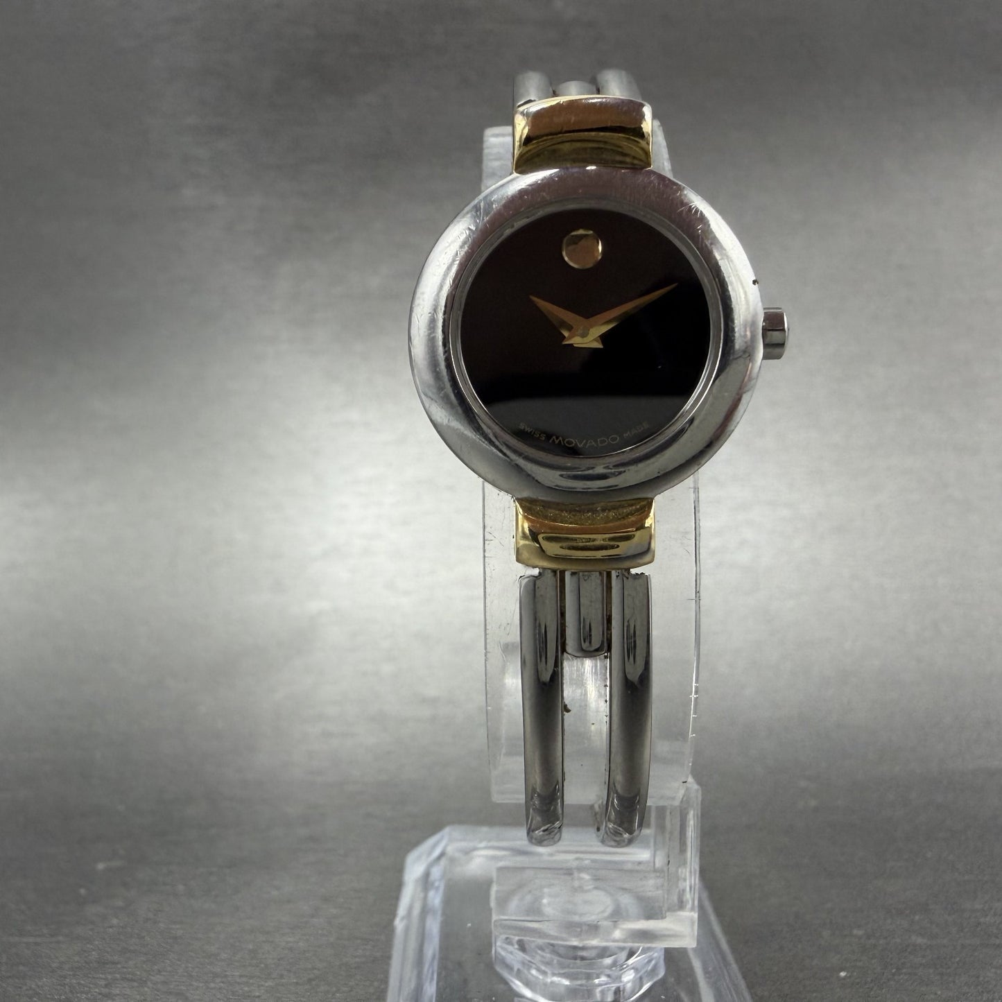 Movado Harmony Watch Women 23mm Black Dial Two Tone bangle Round New Battery AB5