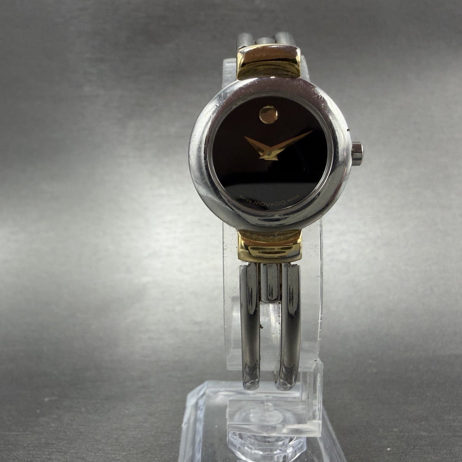 Movado Harmony Watch Women 23mm Black Dial Two Tone bangle Round New Battery AB5