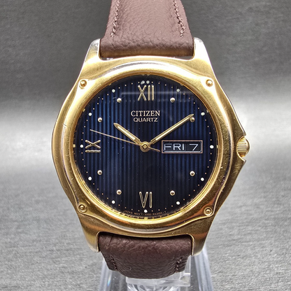 Citizen Watch Men 37mm Blue Dial Gold Tone Daydate Round 5500-R10354 New Battery0