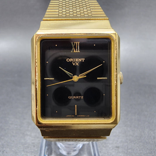 Orient VX Tank Watch men 27mm Black Dial Gold Tone Rectangle New Battery0