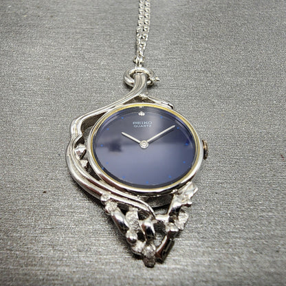 Seiko Necklace Watch Women 25mm Blue Dial Silver Tone Round 14001050 New Batt2