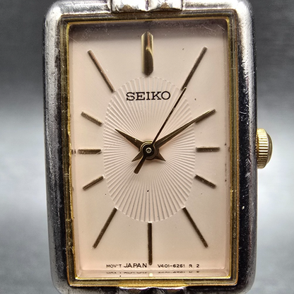 Seiko Tank Watch Women 18mm Cream Dial Silver Tone Rectangle V401-2000 New Batt1