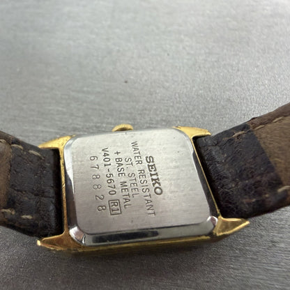 Seiko Tank Watch Women 18mm Champagne Dial Gold Tone Rectangle V401-5670 New Bat9