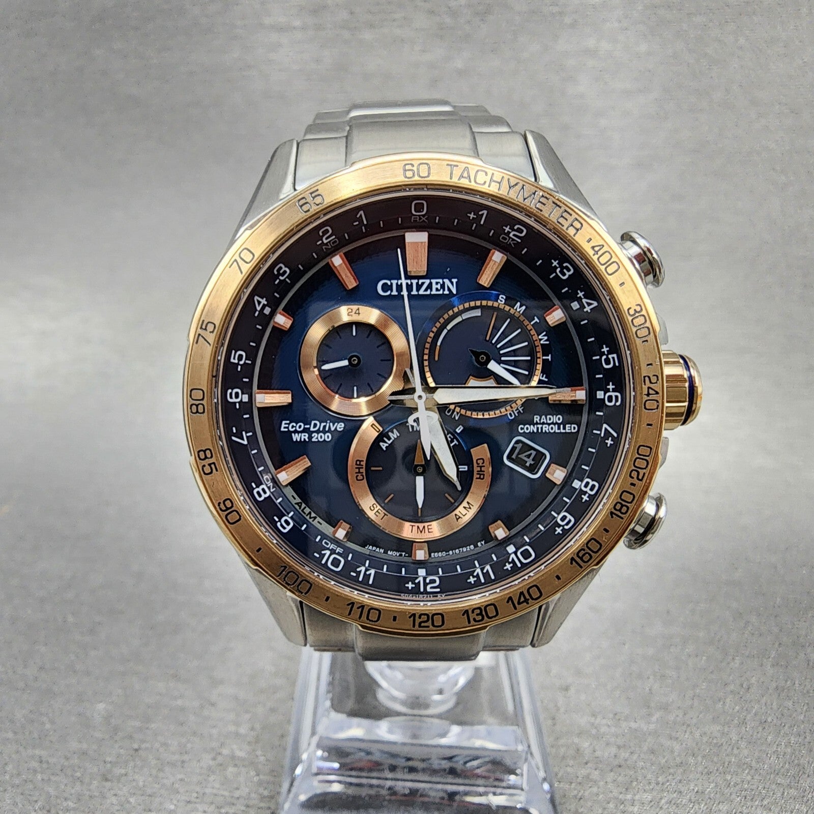 Citizen EcoDrive PCAT Watch Men 43mm Blue Dial Two Tone Alarm Chrono CB591659L0