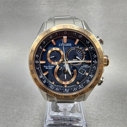 Citizen EcoDrive PCAT Watch Men 43mm Blue Dial Two Tone Alarm Chrono CB591659L0