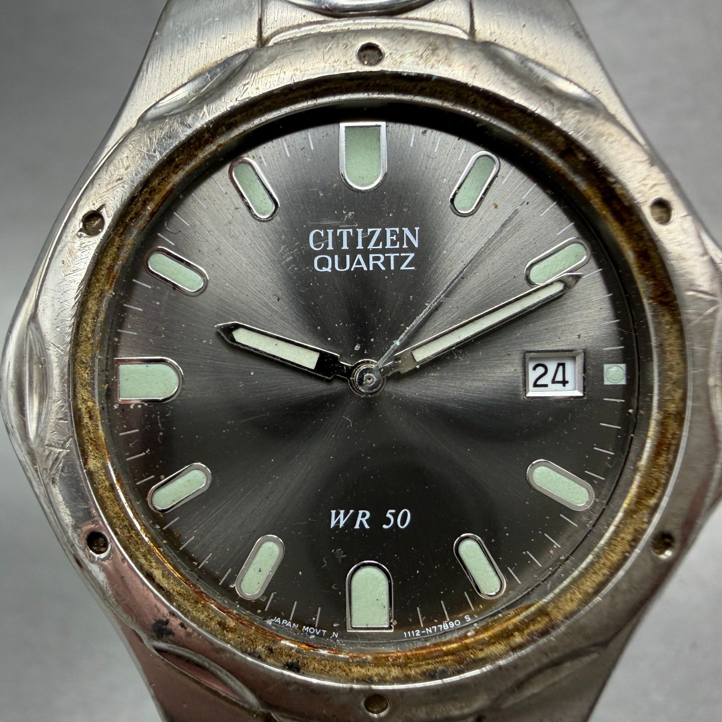 Citizen Watch Men 36mm Gray Dial Silver Tone Date Round 1112-S68113 PARTS VTG2