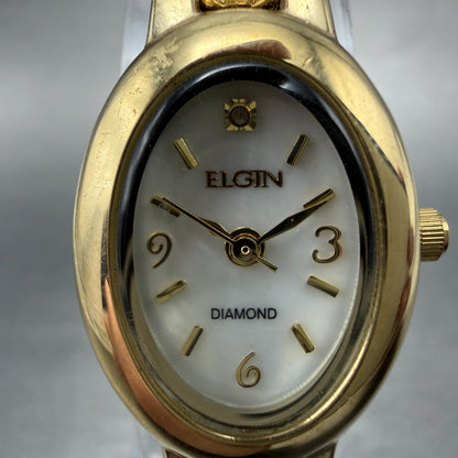 Elgin Watch Women 18mm MOP Dial Gold Tone Oval EG8074 Diamond New Battery ABC1