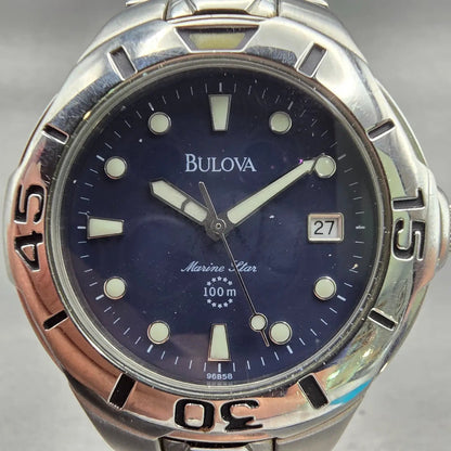Bulova Marine Star Watch Men 39mm Blue Dial Silver Tone Date 96B58 New Battery1