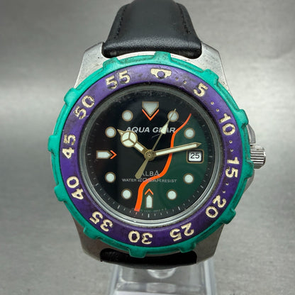 Seiko ALBA Aqua Gear Dive Watch 37mm Black&Green Dial Silver Tone Date New batt0