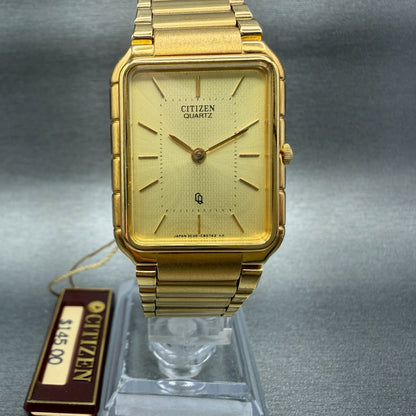 Citizen Tank Watch Men 24mm Gold Dial Gold Tone Rectangle 3620364365 NOS PARTSA0