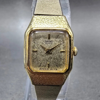Seiko Watch Women 17mm Champagne Dial Gold Rectangle 2C20-5789 New Battery VTG0