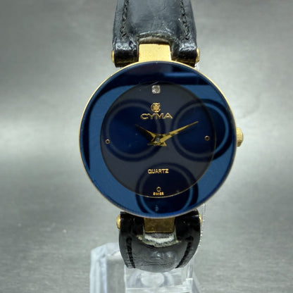 Cyma Watch Women 24mm Blue Dial Gold Tone Round 906 W/Box  New Battery0