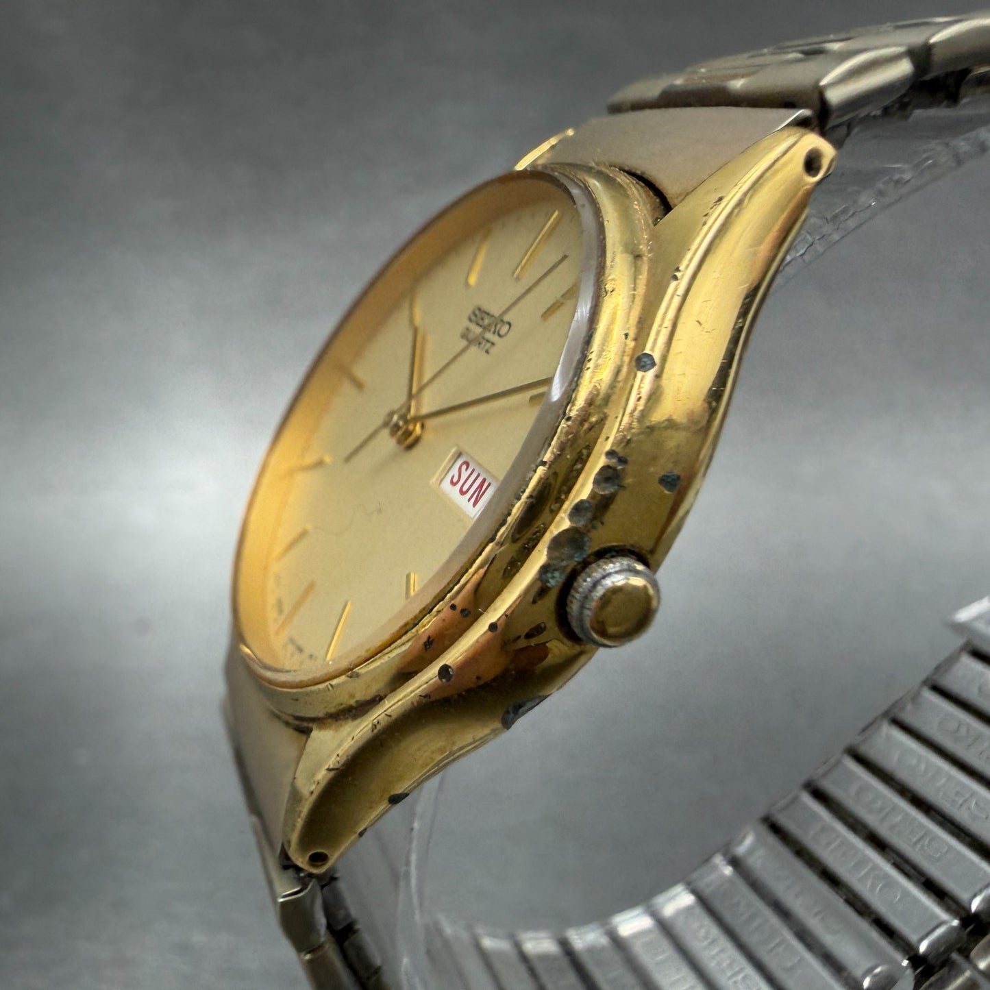 Seiko Watch Men 34mm Champagne Dial Gold Tone Daydate Round New Battery B8702