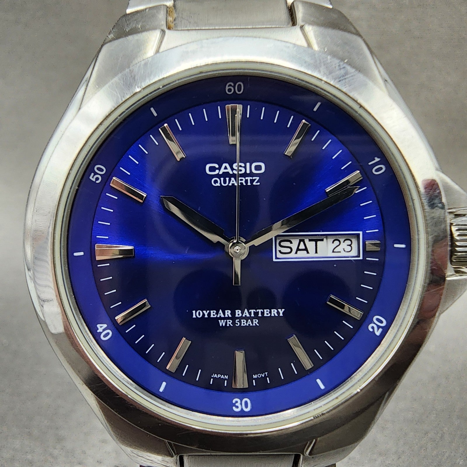 Casio Watch Men 38mm Blue Dial Silver Tone Daydate MTP1228D New Battery1