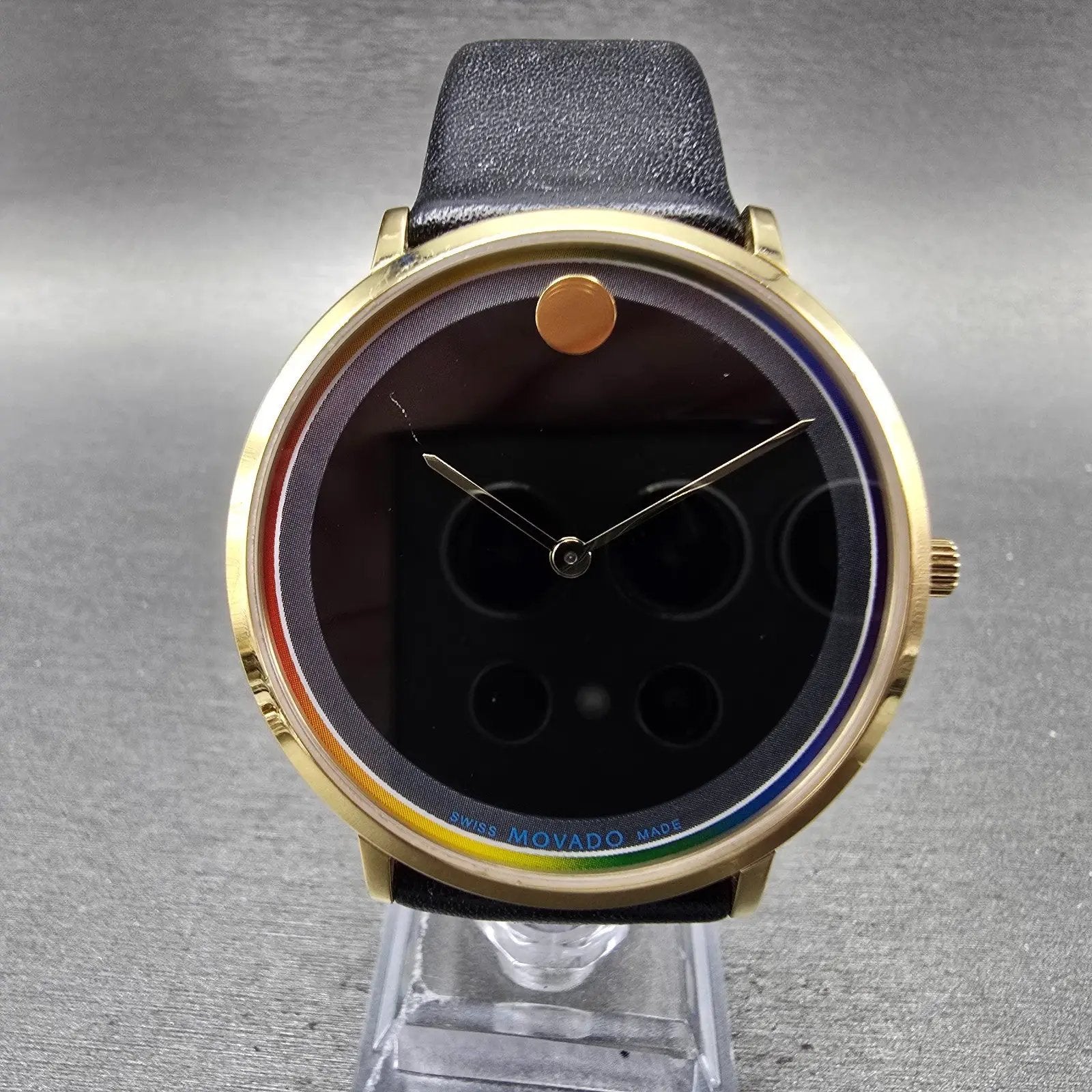 Movado Modern 47 Watch Men 40mm Black Dial Gold Tone Round 0607503 New Battery0