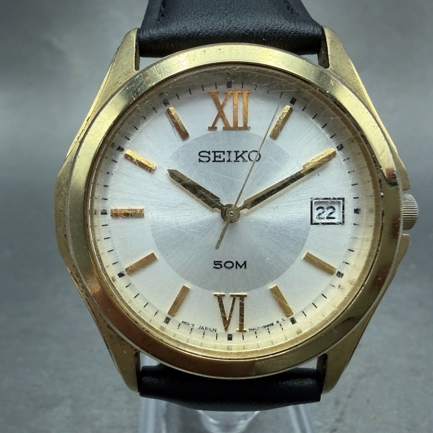 Seiko Watch Men 37mm Silver Dial Gold Tone Date Round 7N42-0EY0 New Battery VTG0