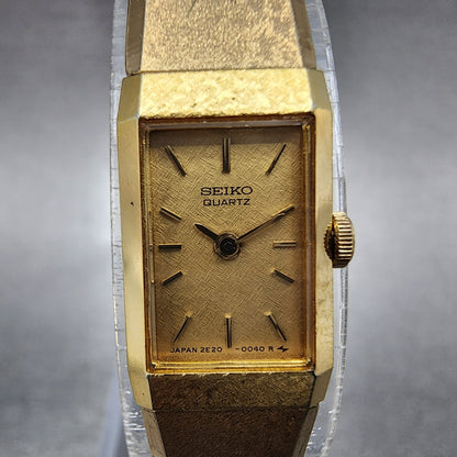 Seiko Tank Watch Women 12mm Gold Dial Gold Tone Rectangle 2E205029 New Battery1
