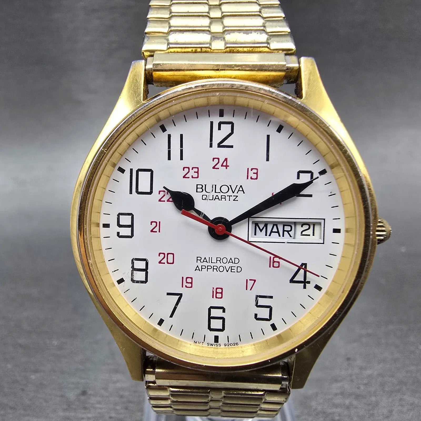 Bulova Railroad Approved Watch Men 36mm White Dial Gold Tone Daydate New Battery0
