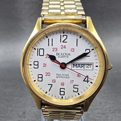 Bulova Railroad Approved Watch Men 36mm White Dial Gold Tone Daydate New Battery0